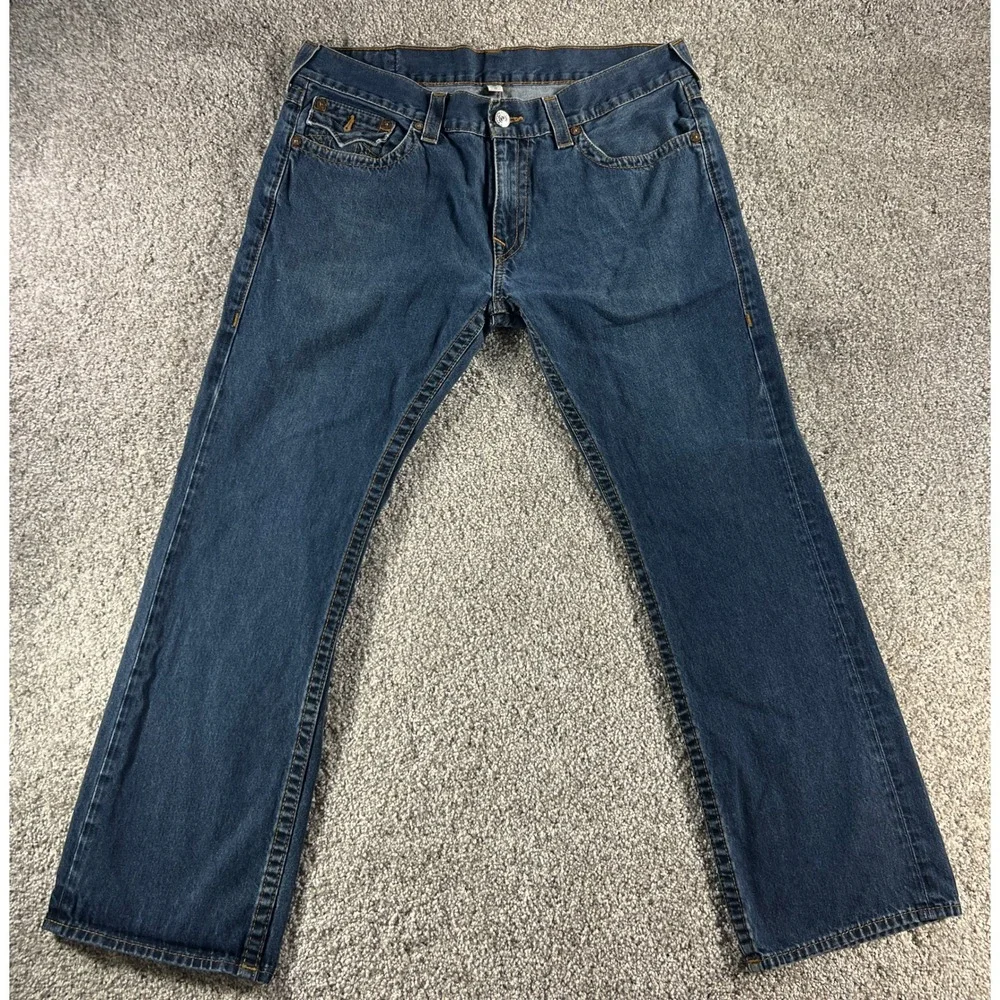 True Religion Straight Flap Jeans Mens 38 Dark Wash Blue Denim